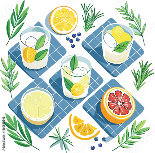 Fresh ripe citrus fruits like orange and lemon are illustrated as juicy slices, perfect for a healthy drink vector