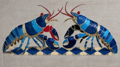 Obraz na płótnie Elegant Blue Lobsters on Checkered Tablecloth Minimalist Seafood Art w salonie