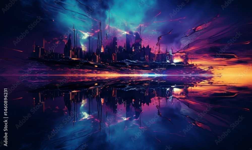 Fototapeta premium Surreal Floating Cityscape with Vibrant Colors and Reflections