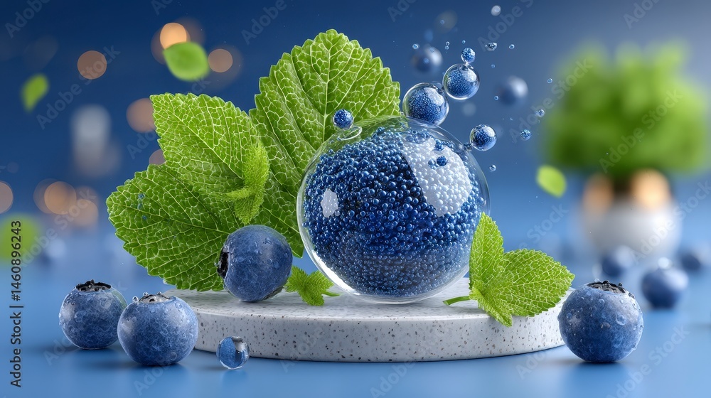 Blueberries Serum Drops Mint Leaves Skincare Cosmetic Beauty Wellness Concept