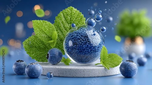 Obraz na płótnie Blueberries Serum Drops Mint Leaves Skincare Cosmetic Beauty Wellness Concept w salonie