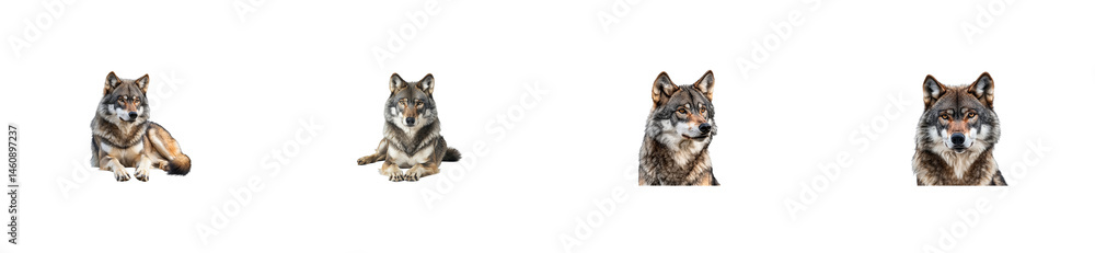 Four wolves sitting, headshot, lying, and looking at camera, cut out transparent Four wolves sitting, headshot, lying, and looking at camera, cut out transparent