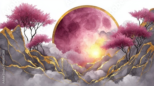 Dreamy Pink Sunset  Gold Mountains  Watercolor Art Print