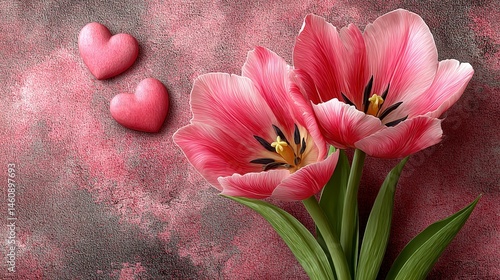 Obraz na płótnie Romantic Pink Tulips Hearts Valentine s Day Love Spring Flowers w salonie