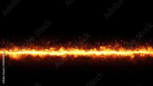 Horizontal line of fire, flames, sparks, and embers on a black background.