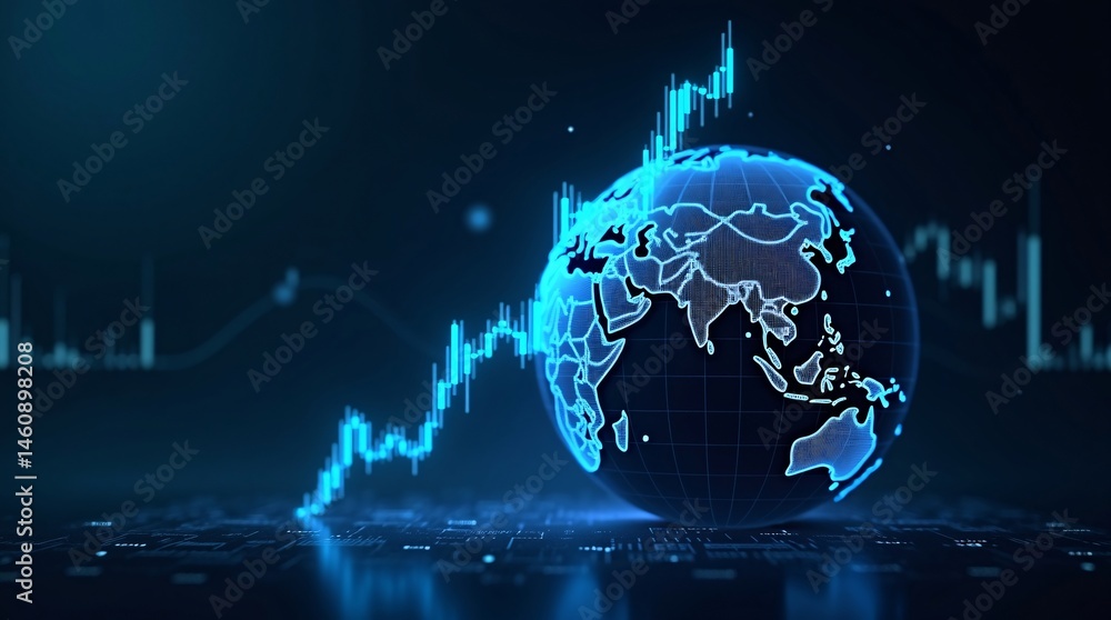 Global Market Analysis with Digital World Map and Stock Chart Overlay Global Market Analysis with Digital World Map and Stock Chart Overlay