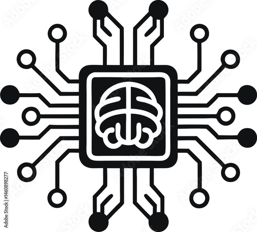 AI Chip and Neural Network Icon - Minimalist Black and White Tech Symbol