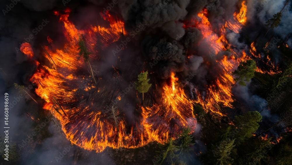 Fototapeta premium Ultra-realistic drone view of a massive forest fire with raging flames and thick smoke in every direction