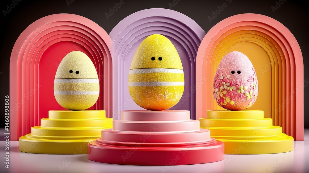 Festive Easter Eggs Minimalist 3D Render Pastel Colors Spring Holiday Decoration