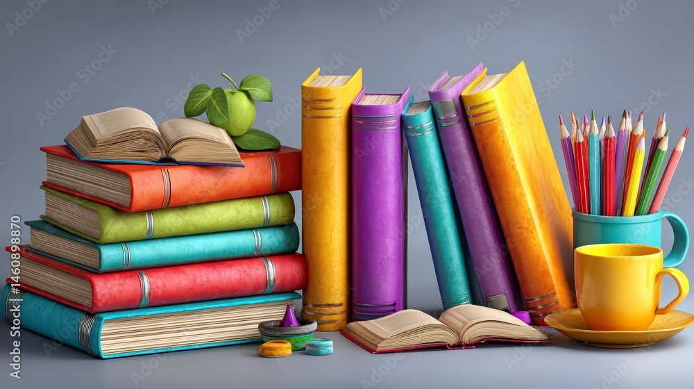 Colorful Books Pencils and Coffee Back to School or Library Concept