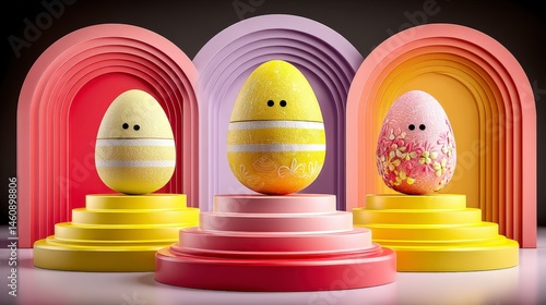 Obraz na płótnie Festive Easter Eggs Minimalist 3D Render Pastel Colors Spring Holiday Decoration w salonie