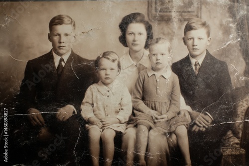 Vintage family portrait, showing four children and a parent.