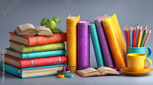 Obraz na płótnie Colorful Books Pencils and Coffee Back to School or Library Concept w salonie
