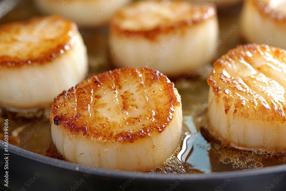 Seared Scallops Cooking in Pan Close Up Food Photography Delicious Gourmet Meal Preparation Restaurant Kitchen Seared Scallops Cooking in Pan Close Up Food Photography Delicious Gourmet Meal Preparation Restaurant Kitchen