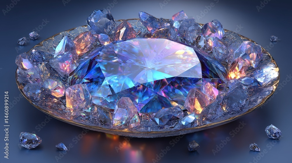 Sparkling Blue Gemstone in Crystal Bowl Luxury Jewel 3D Render