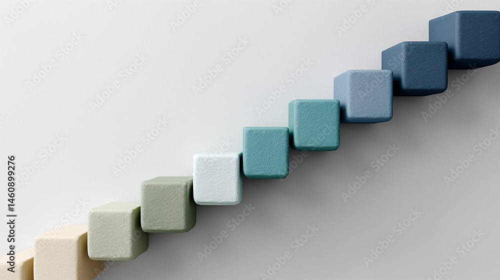 Fototapeta premium Gradient Steps: A series of pastel-colored cubes arranged in a diagonal ascending pattern, evoking a sense of progress and upward momentum.