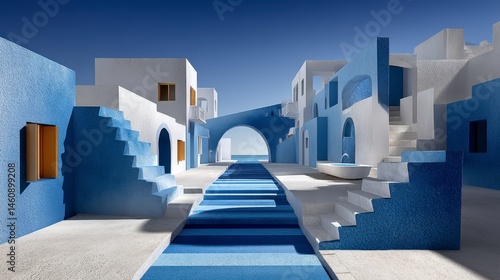 Obraz na płótnie Mediterranean Coastal Village Blue White Architecture Steps Minimalist Design w salonie