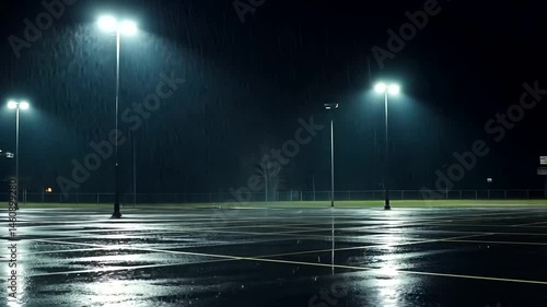 Empty parking lot at night, heavy rain, city lights.