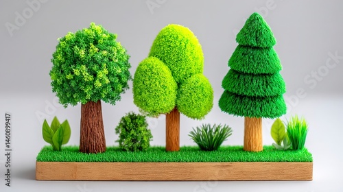 Miniature Green Trees  Nature Scene  Eco Friendly  3D Render   Minimalist Decor  Top View