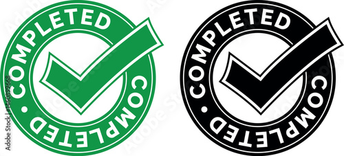 green and black completed stamp icons with large check mark in center and circular design	