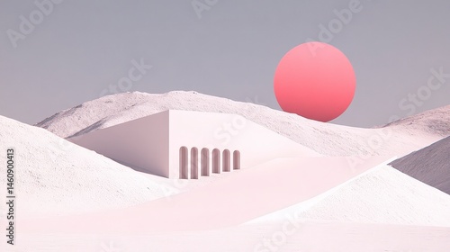 Minimalist Retro Sci Fi Landscape  80s Futuristic Desert Architecture