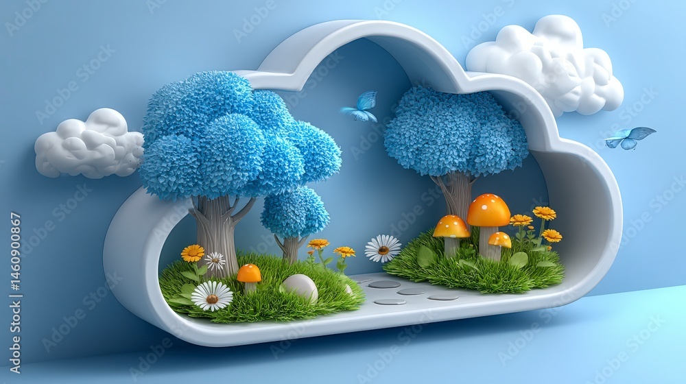 Dreamy Cloud Scene 3D Render of Miniature Trees Flowers Mushrooms Butterflies