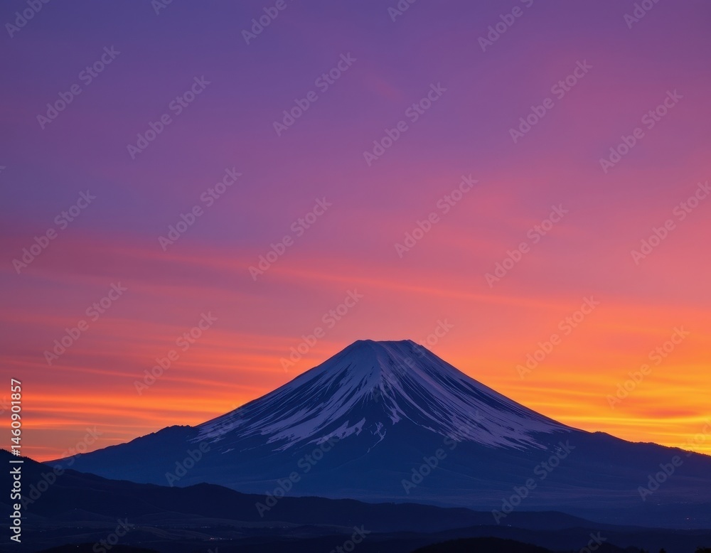 majestic mt, fuji with a snow capped peak against a vibrant purple and orange sunset, under clear daylight, position the subject clearly at the bottom with ample copy space majestic mt, fuji with a snow capped peak against a vibrant purple and orange sunset, under clear daylight, position the subject clearly at the bottom with ample copy space