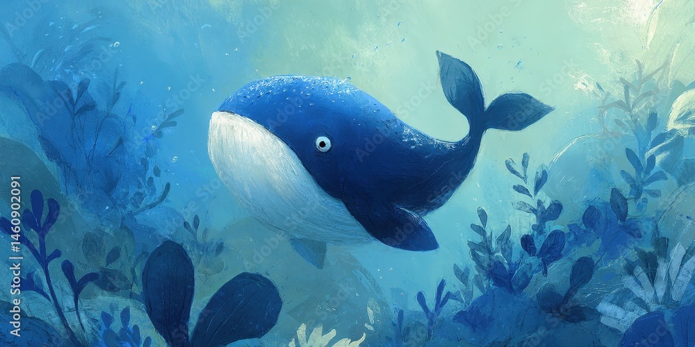 Obraz premium Submarine Whale Amongst Underwater Flora
