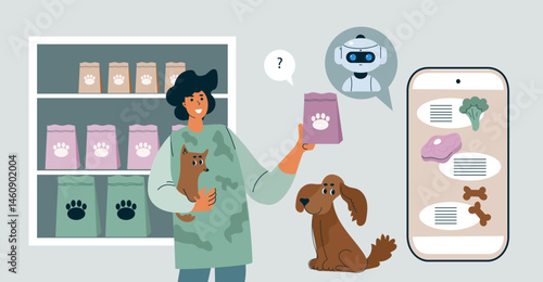 Ai vet consultation. nutrition  pet food online selection concept illustration. Woman use artificial intelligence robot consultant for balanced dog. Vector flat cartoon illustration.