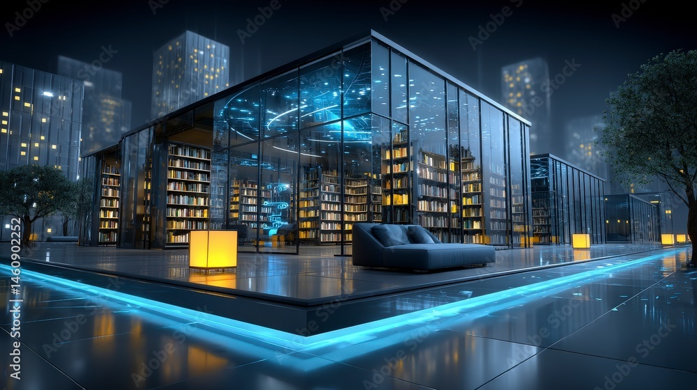 Modern Glass Library Building Night Cityscape Architectural Design