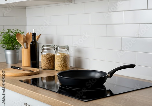Still life of cooking equipment: a black frying pan on a black hob, with dry goods and wooden utensils nearby