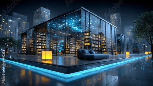 Obraz na płótnie Modern Glass Library Building Night Cityscape Architectural Design w salonie