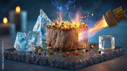 Obraz na płótnie Seared Steak Flamb Gourmet Food Photography Culinary Torch Ice Cubes Pepper w salonie
