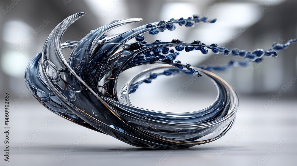 Abstract Swirling Liquid Metal Modern Design 3D Render Blue Grey Background
