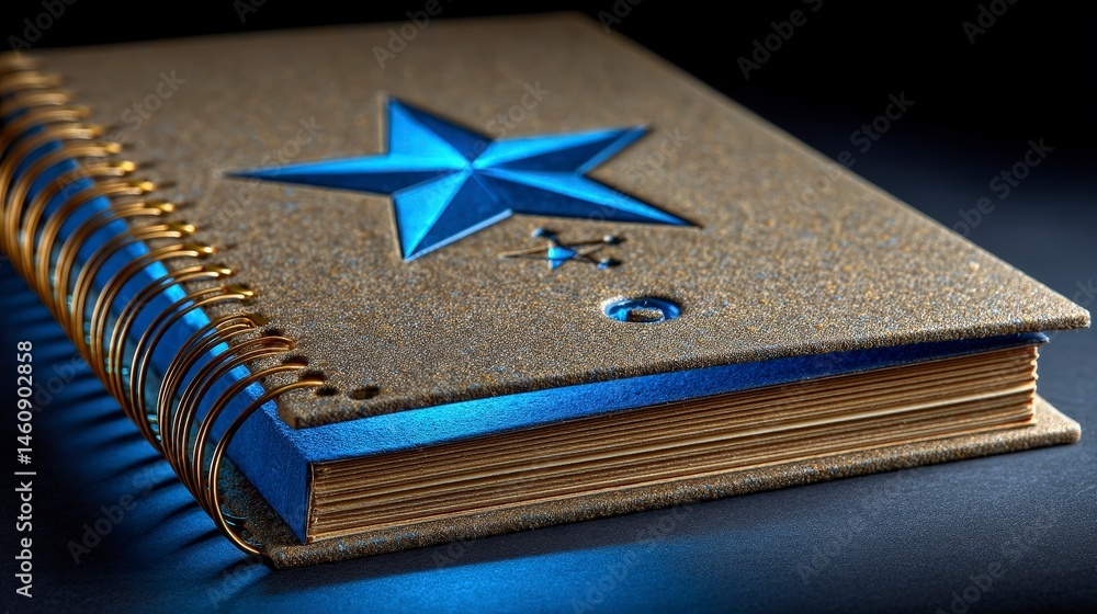 Spiral Bound Notebook Gold Cover Blue Star Design Planner Diary Journal