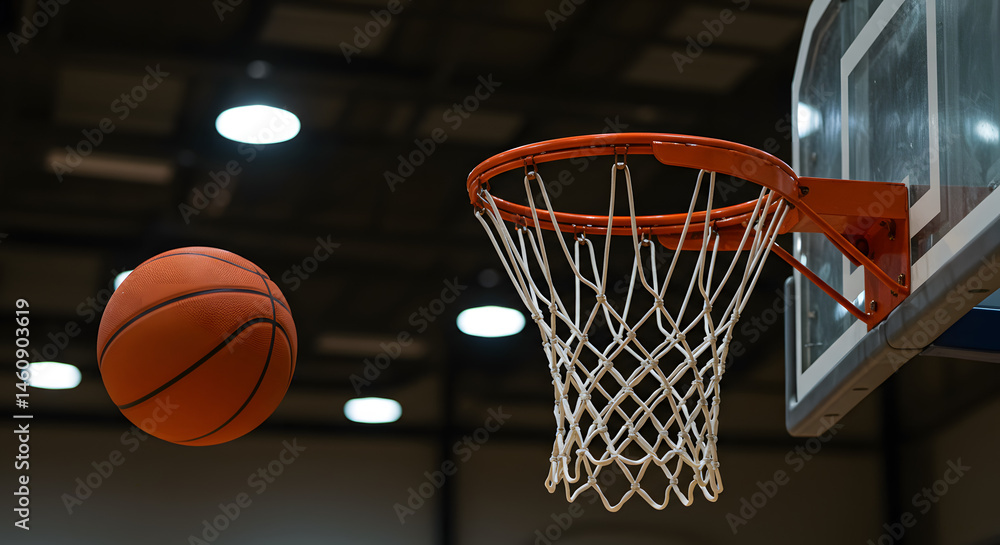 A close up of a basketball hoop with a net, featuring a brightly colored orange basketball A close up of a basketball hoop with a net, featuring a brightly colored orange basketball