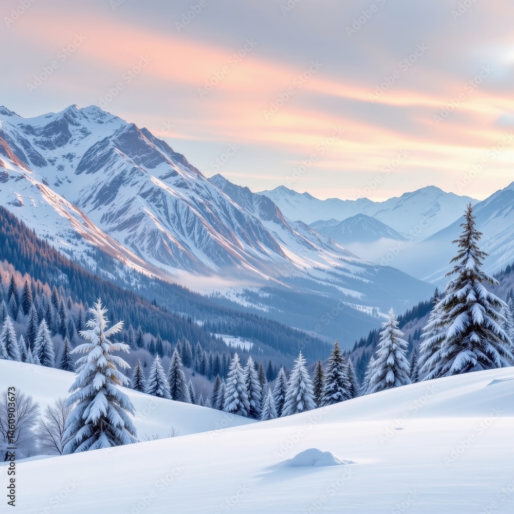 Fototapeta premium create a winter banner background featuring snow covered mountains on the left and ample copy space on the right, the subject should be positioned in the center