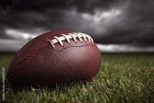 Football on grassy field under dramatic sky photo