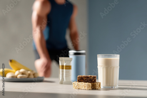 vibrant scene showcasing various sports nutrition products like protein shakes bars and supplements arranged