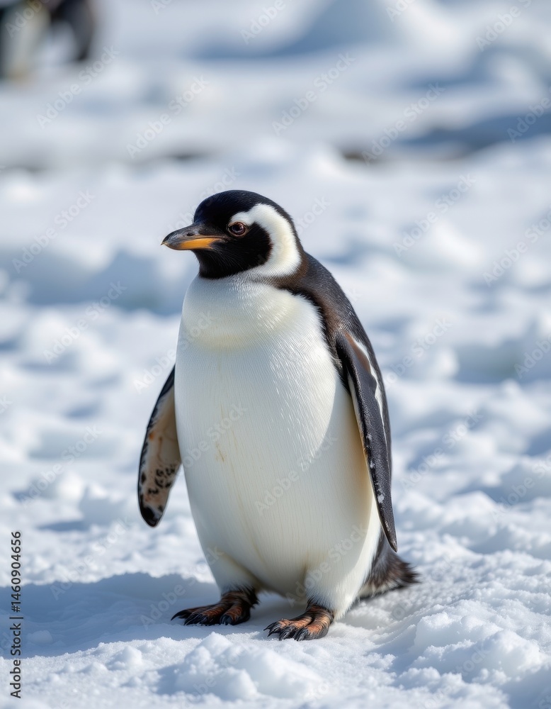 Obraz premium create an image of a penguin standing on ice with an isolated background, the penguin should be positioned at the top of the image