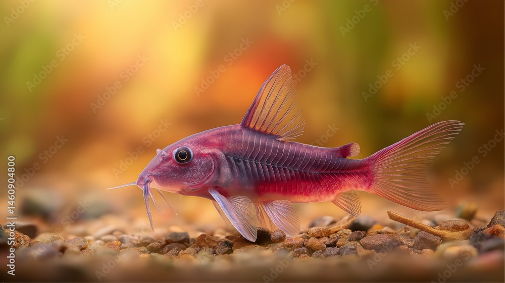 Fototapeta premium Cherry Barb Fish: A vibrant Cherry Barb fish swims gracefully in a tranquil aquarium environment, its rich hues illuminating the underwater world, showcasing the beauty of aquatic life.