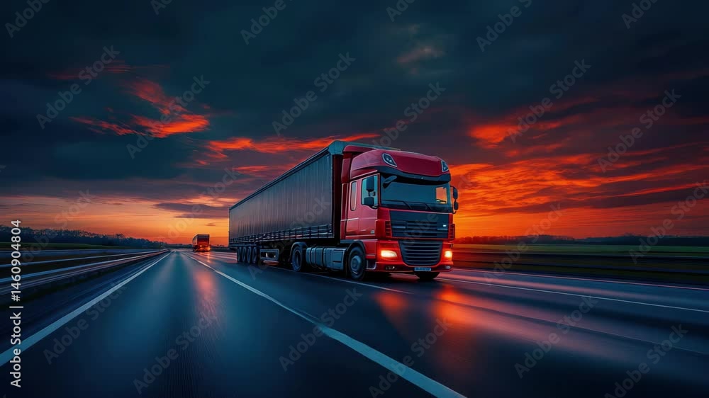Red semi truck is driving down a highway at sunset. The sky is orange and the sun is setting Red semi truck is driving down a highway at sunset. The sky is orange and the sun is setting