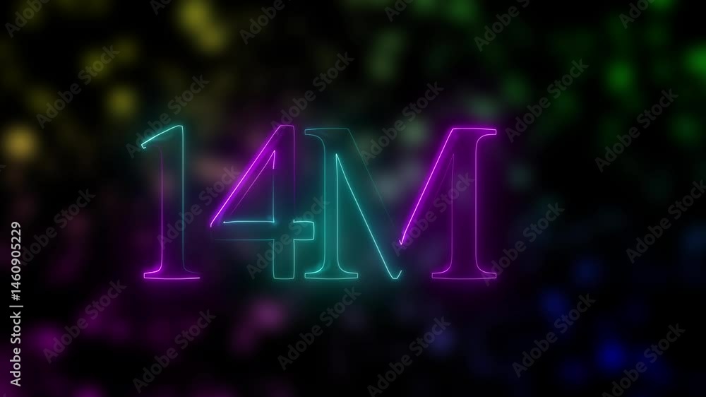 Neon 14 M million neon glowing text animation on black background Neon 14 M million neon glowing text animation on black background