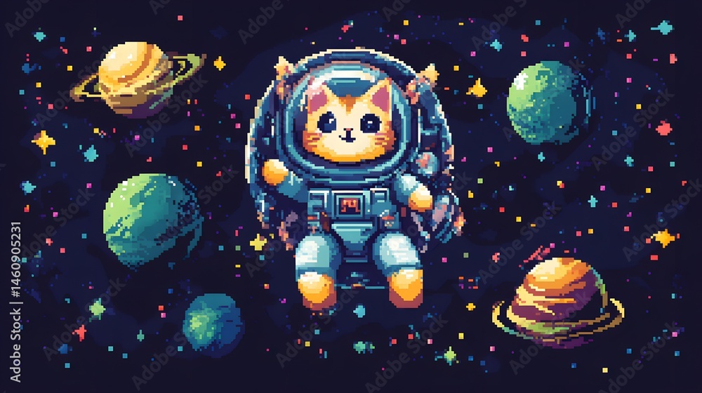 Naklejka premium Cute pixel cat astronaut in a bubble helmet surrounded by stars planets and a small floating spaceship