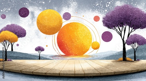 Obraz na płótnie Abstract Risograph Landscape Minimalist Wooden Platform Colorful Planets Purple Trees w salonie