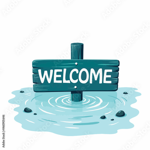 Welcome sign partially submerged in water, tranquility concept
