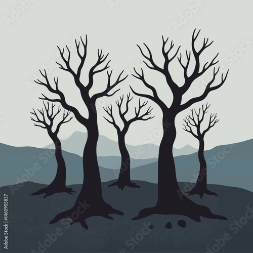 Skeletal trees silhouetted in dark landscape, environmental symbolism