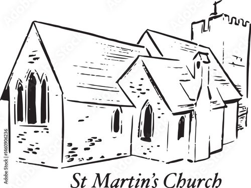 St Martin's Church, Canterbury, England black and white ink sketch. An old church featuring Roman and Anglo-Saxon architecture. Perfect for tourism, travel, and cultural heritage projects.