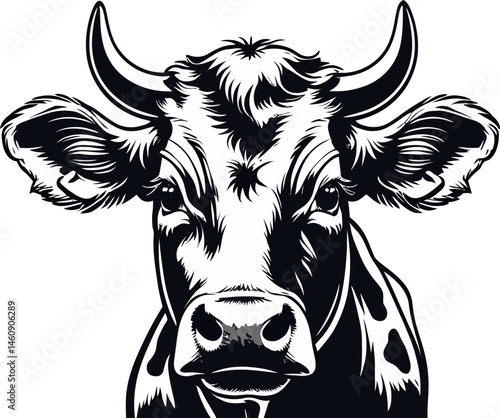 A striking black and white bovine portrait captures the majestic head of a farm bull