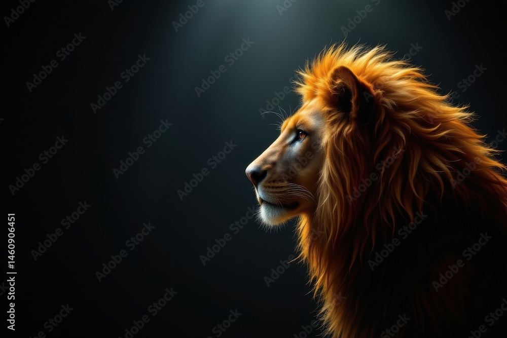 Naklejka premium create a dramatic image featuring a golden lion kings head in profile view against a dark background, the lion has a mane and is under glaring beams